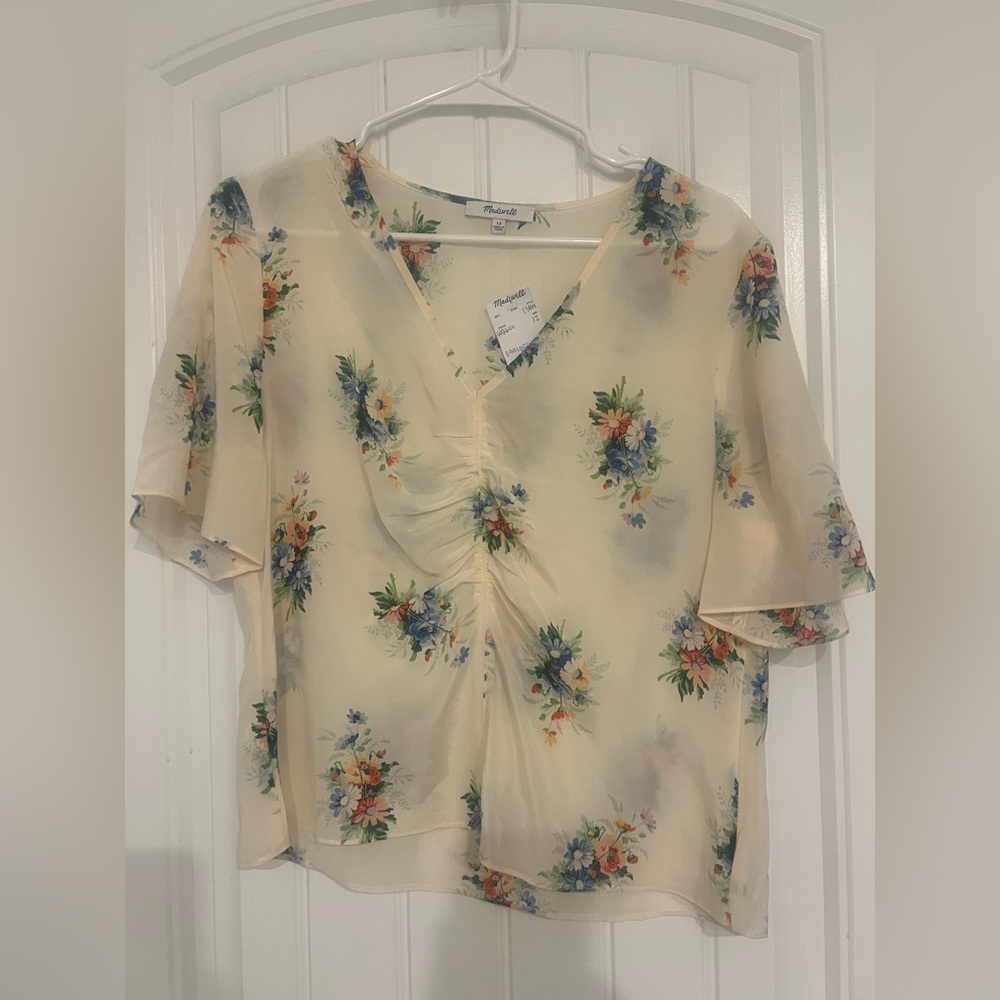 Madewell Floral Cream Blouse with Blue and Orange Accents